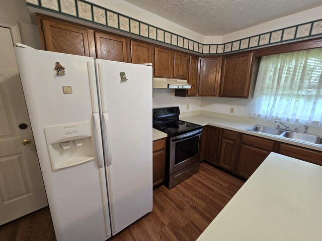 110 Albany Ln, Winchester, KY 40391 - kitchen featuring stainless steel electric stove, white refrigerator with ice dispenser, under cabinet range hood, a sink, and dark wood finished floors