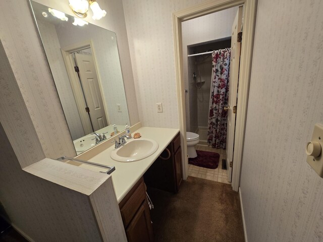 110 Albany Ln, Winchester, KY 40391 - full bath with toilet, vanity, a chandelier, wallpapered walls, and tile patterned flooring