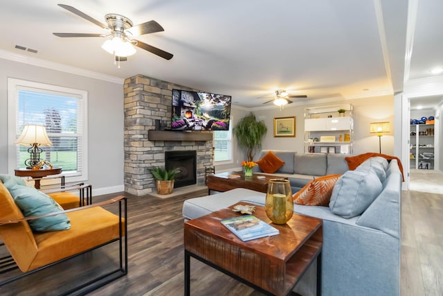 2002 Emerald Way, Richmond, KY 40475 - living area with a stone fireplace, ceiling fan, ornamental molding, wood finished floors, and baseboards