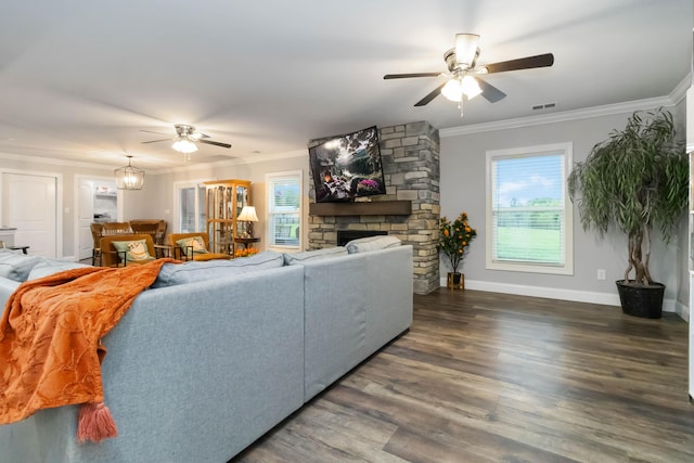 2002 Emerald Way, Richmond, KY 40475 - living area with ceiling fan, ornamental molding, a fireplace, wood finished floors, and baseboards