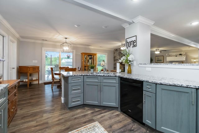 2002 Emerald Way, Richmond, KY 40475 - kitchen with black dishwasher, a sink, dark wood-style floors, a peninsula, and crown molding