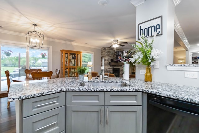 2002 Emerald Way, Richmond, KY 40475 - kitchen featuring gray cabinets, dishwasher, a sink, crown molding, and ceiling fan