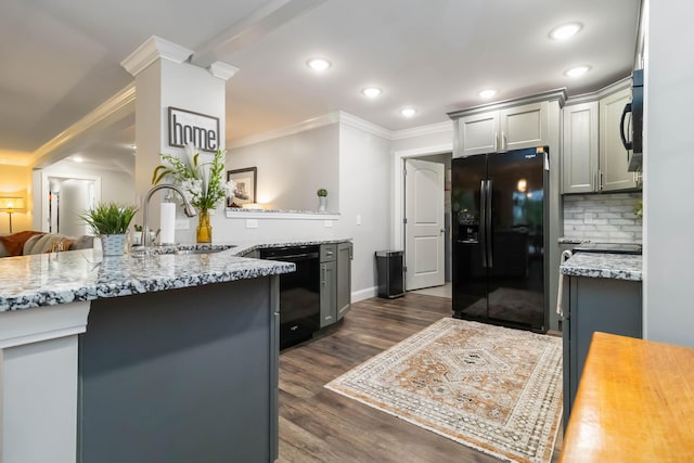 2002 Emerald Way, Richmond, KY 40475 - kitchen with black appliances, ornamental molding, light stone countertops, decorative backsplash, and gray cabinets