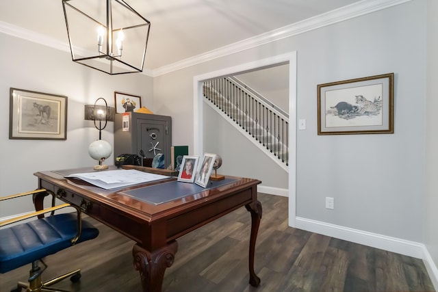 2002 Emerald Way, Richmond, KY 40475 - home office with crown molding, baseboards, a chandelier, and dark wood-type flooring