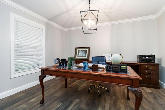 2002 Emerald Way, Richmond, KY 40475 - office area featuring baseboards, ornamental molding, dark wood-style flooring, and a chandelier