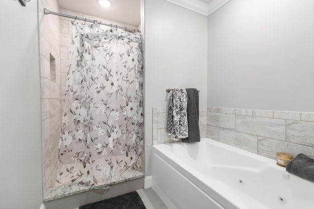 2002 Emerald Way, Richmond, KY 40475 - bathroom featuring a whirlpool tub, a stall shower, and crown molding
