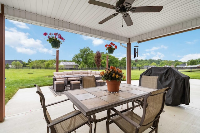 2002 Emerald Way, Richmond, KY 40475 - view of patio featuring ceiling fan, outdoor lounge area, outdoor dining space, area for grilling, and view of wooded area