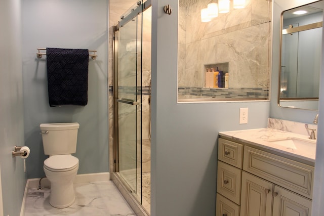 524 Cromwell Way, Lexington, KY 40503 - bathroom with toilet, vanity, a stall shower, marble finish flooring, and baseboards