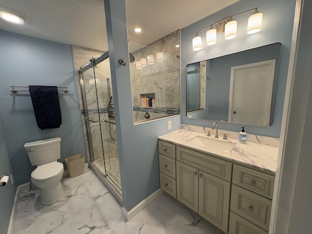 524 Cromwell Way, Lexington, KY 40503 - bathroom featuring marble finish flooring, toilet, baseboards, a stall shower, and recessed lighting
