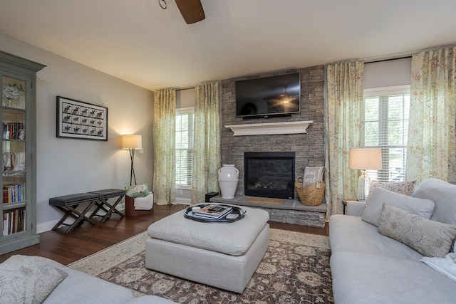 320 Manitoba Ln, Lexington, KY 40515 - living area featuring wood finished floors, plenty of natural light, a fireplace, and a ceiling fan