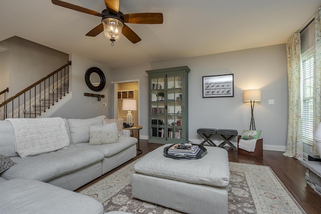 320 Manitoba Ln, Lexington, KY 40515 - living room with a ceiling fan, baseboards, wood finished floors, and stairway