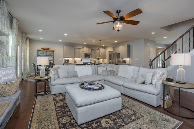 320 Manitoba Ln, Lexington, KY 40515 - living area featuring dark wood-style floors, ceiling fan, recessed lighting, and stairs