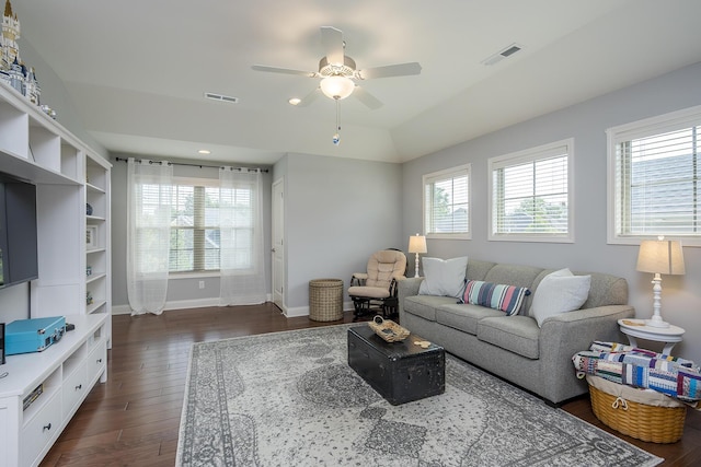 320 Manitoba Ln, Lexington, KY 40515 - living area featuring a ceiling fan, dark wood-style flooring, and baseboards