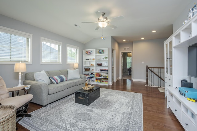 320 Manitoba Ln, Lexington, KY 40515 - living area featuring dark wood finished floors, ceiling fan, recessed lighting, baseboards, and vaulted ceiling
