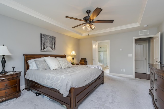 320 Manitoba Ln, Lexington, KY 40515 - bedroom with a tray ceiling, light carpet, crown molding, baseboards, and connected bathroom