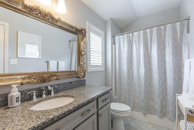 320 Manitoba Ln, Lexington, KY 40515 - full bathroom with vanity, toilet, lofted ceiling, and shower / bath combination with curtain