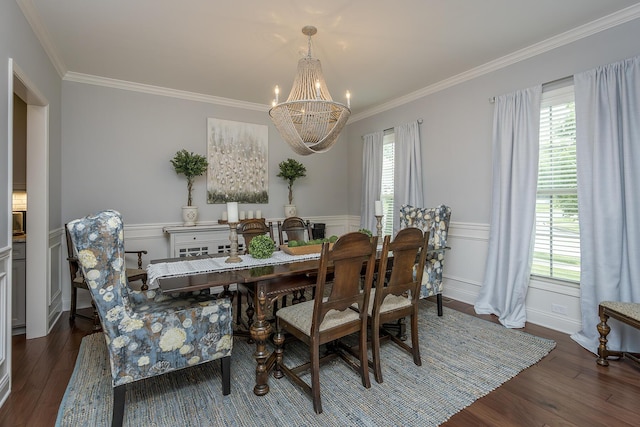 320 Manitoba Ln, Lexington, KY 40515 - dining space with ornamental molding, a chandelier, dark wood-type flooring, a wainscoted wall, and a decorative wall