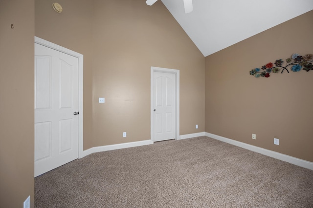 262 Silver Creek Dr, Somerset, KY 42503 - unfurnished bedroom featuring carpet flooring, high vaulted ceiling, baseboards, and a ceiling fan