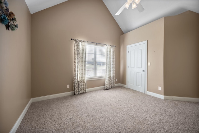 262 Silver Creek Dr, Somerset, KY 42503 - unfurnished room featuring a ceiling fan, carpet flooring, high vaulted ceiling, and baseboards