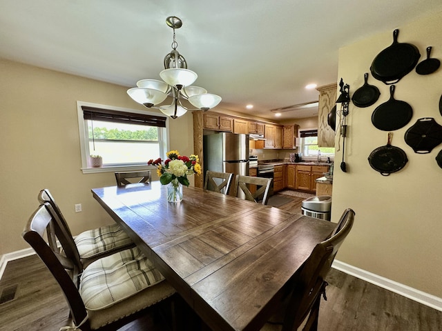 110 Witt Rd, London, KY 40741 - dining area with a chandelier, baseboards, dark wood-type flooring, and recessed lighting