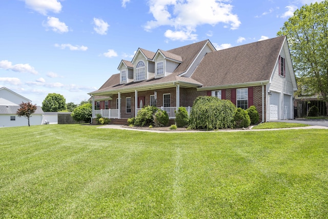 164 River Run Dr, Lancaster, KY 40444 - cape cod home featuring brick siding, covered porch, a front yard, an attached garage, and roof with shingles