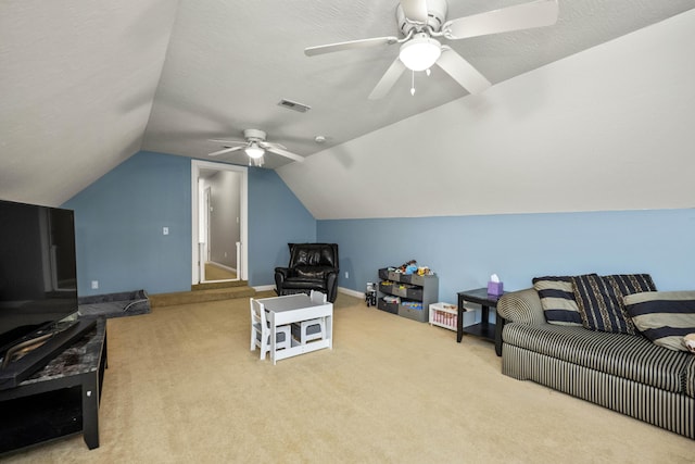 164 River Run Dr, Lancaster, KY 40444 - carpeted living room with vaulted ceiling, a ceiling fan, and baseboards