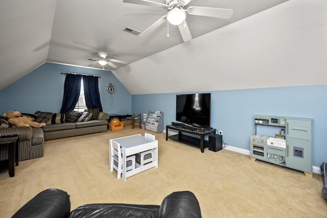 164 River Run Dr, Lancaster, KY 40444 - carpeted living room with ceiling fan, vaulted ceiling, and baseboards