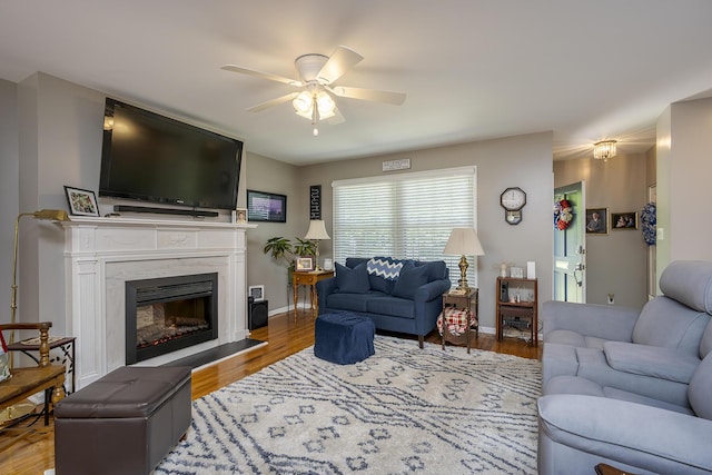 395 Redding Rd Unit 19, Lexington, KY 40517 - living area with a ceiling fan, baseboards, a premium fireplace, and wood finished floors