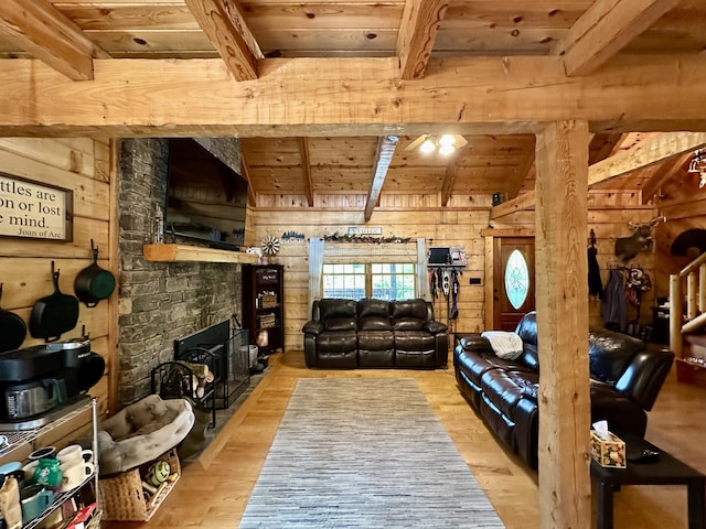5080 Dry Branch Rd, Lexington, KY 40515 - living room featuring wooden ceiling with exposed beams, wooden walls, and wood finished floors