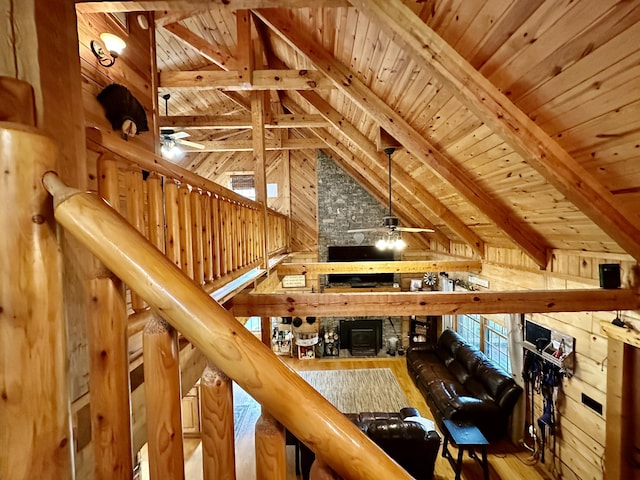 5080 Dry Branch Rd, Lexington, KY 40515 - living room with wooden ceiling with exposed beams, ceiling fan, high vaulted ceiling, wood finished floors, and wooden walls