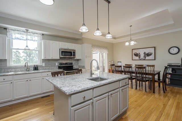 2018 E Ct, Richmond, KY 40475 - kitchen featuring appliances with stainless steel finishes, a sink, light wood finished floors, decorative backsplash, and crown molding