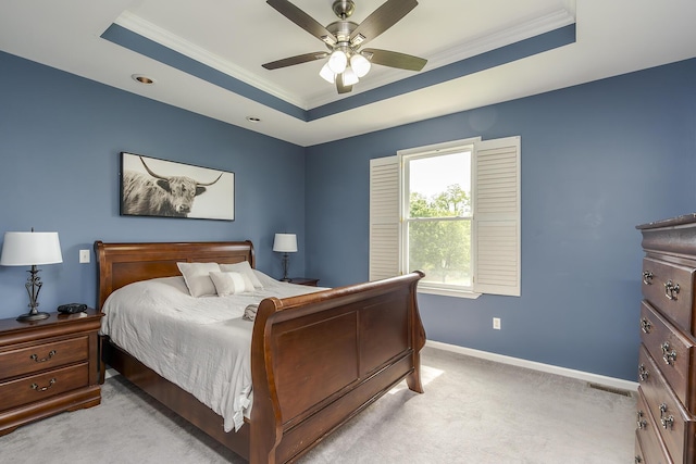 2018 E Ct, Richmond, KY 40475 - bedroom featuring a raised ceiling, crown molding, baseboards, light colored carpet, and a ceiling fan