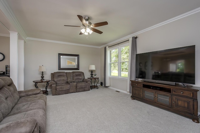 2018 E Ct, Richmond, KY 40475 - living room with ornamental molding, a ceiling fan, baseboards, and light colored carpet