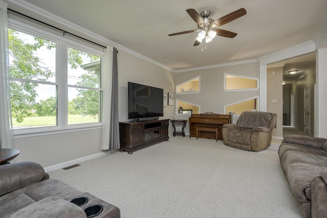 2018 E Ct, Richmond, KY 40475 - carpeted living room with a ceiling fan, crown molding, baseboards, and plenty of natural light