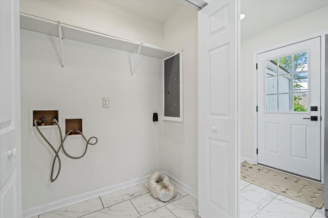 161 Toronto Rd, Lexington, KY 40515 - laundry room featuring light marble finish flooring, hookup for a washing machine, baseboards, and electric panel