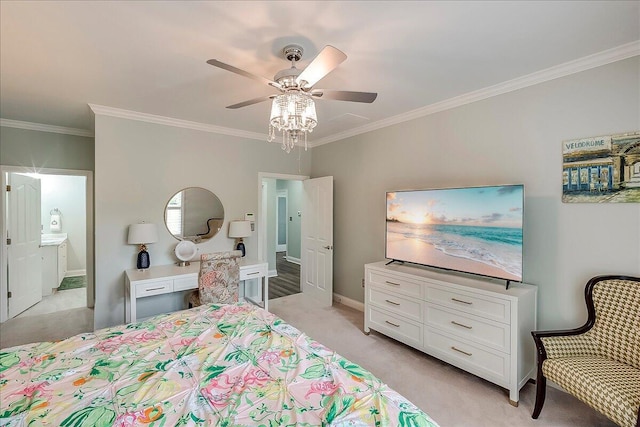 4172 Tradition Way, Lexington, KY 40509 - bedroom with light carpet, ornamental molding, baseboards, ensuite bath, and a ceiling fan