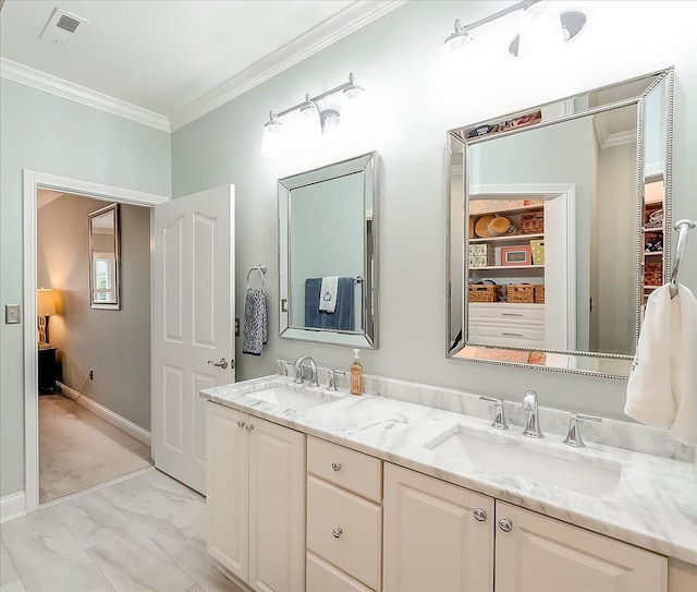 4172 Tradition Way, Lexington, KY 40509 - bathroom with double vanity, crown molding, marble finish flooring, ensuite bathroom, and baseboards