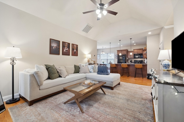 112 Woods Point Cir, Georgetown, KY 40324 - living room featuring light wood finished floors, ceiling fan, lofted ceiling, and recessed lighting