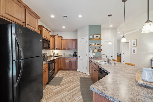 112 Woods Point Cir, Georgetown, KY 40324 - kitchen featuring black appliances, open shelves, a sink, brown cabinetry, and a peninsula