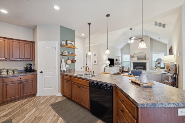 112 Woods Point Cir, Georgetown, KY 40324 - kitchen featuring dishwasher, a peninsula, a sink, open shelves, and a ceiling fan