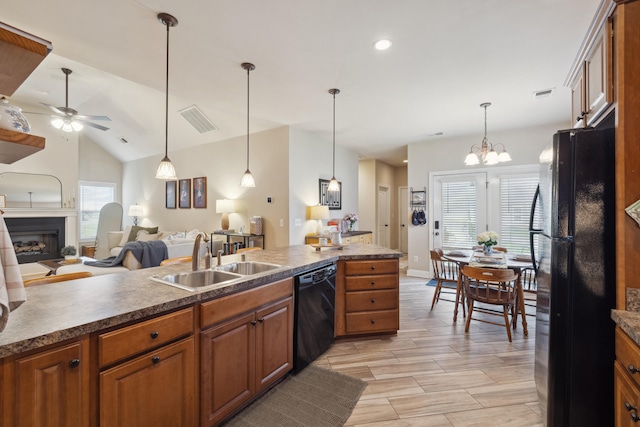 112 Woods Point Cir, Georgetown, KY 40324 - kitchen with a sink, black appliances, a ceiling fan, brown cabinets, and recessed lighting
