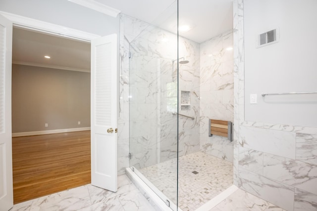 804 Old Dobbin Rd, Lexington, KY 40502 - full bath with crown molding, a marble finish shower, baseboards, marble finish flooring, and recessed lighting