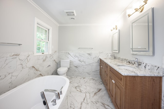 804 Old Dobbin Rd, Lexington, KY 40502 - full bath with double vanity, a bath, ornamental molding, toilet, and tile walls