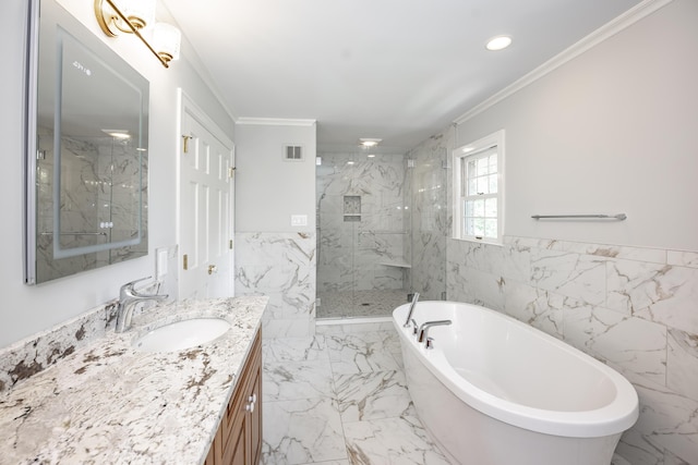 804 Old Dobbin Rd, Lexington, KY 40502 - bathroom with vanity, a soaking tub, a marble finish shower, marble finish floors, and crown molding