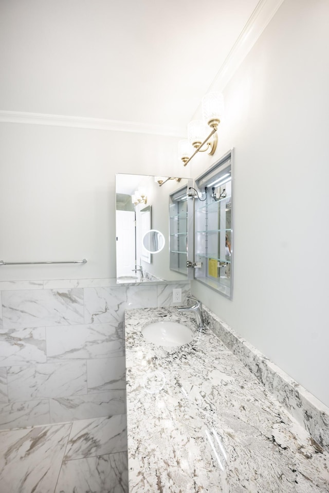 804 Old Dobbin Rd, Lexington, KY 40502 - bathroom with ornamental molding, vanity, and a chandelier