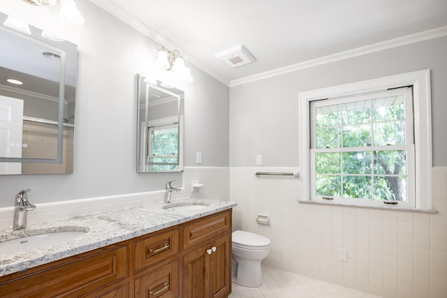 804 Old Dobbin Rd, Lexington, KY 40502 - bathroom with crown molding, double vanity, tile patterned floors, healthy amount of natural light, and toilet