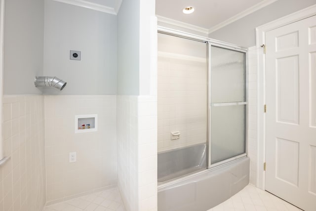 804 Old Dobbin Rd, Lexington, KY 40502 - bathroom featuring crown molding, combined bath / shower with glass door, tile patterned flooring, and recessed lighting