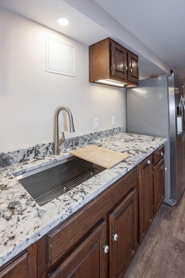 804 Old Dobbin Rd, Lexington, KY 40502 - kitchen featuring a sink, stainless steel fridge with ice dispenser, dark wood finished floors, light stone countertops, and recessed lighting