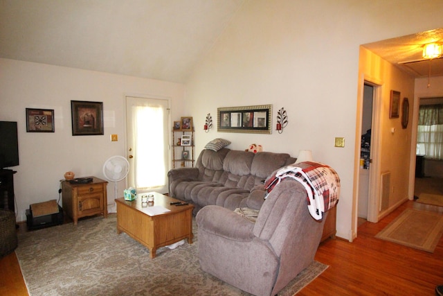 1017 Marshall Park Dr, Georgetown, KY 40324 - living room with attic access, wood finished floors, and high vaulted ceiling