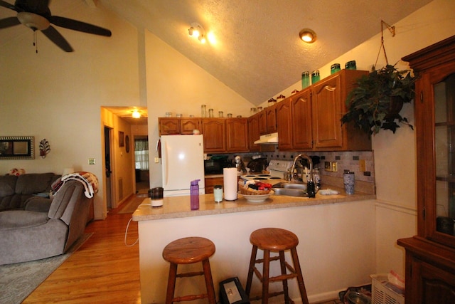 1017 Marshall Park Dr, Georgetown, KY 40324 - kitchen featuring white appliances, under cabinet range hood, a peninsula, light wood finished floors, and a ceiling fan